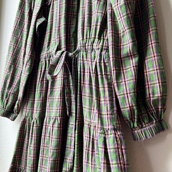 shirt by rochelle behrens Green Pink Flannel Plaid Ruffle Long Sleeve Dress Sz S - Picture 3 of 12